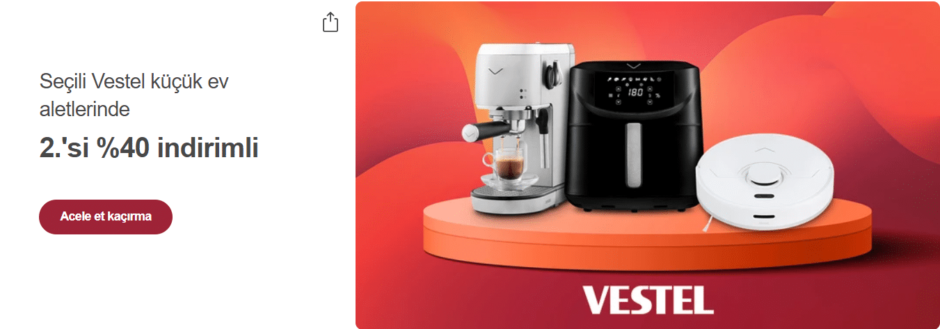Vestel Küçük Ev Aletlerinde 2. Ürün %40 İndirimli