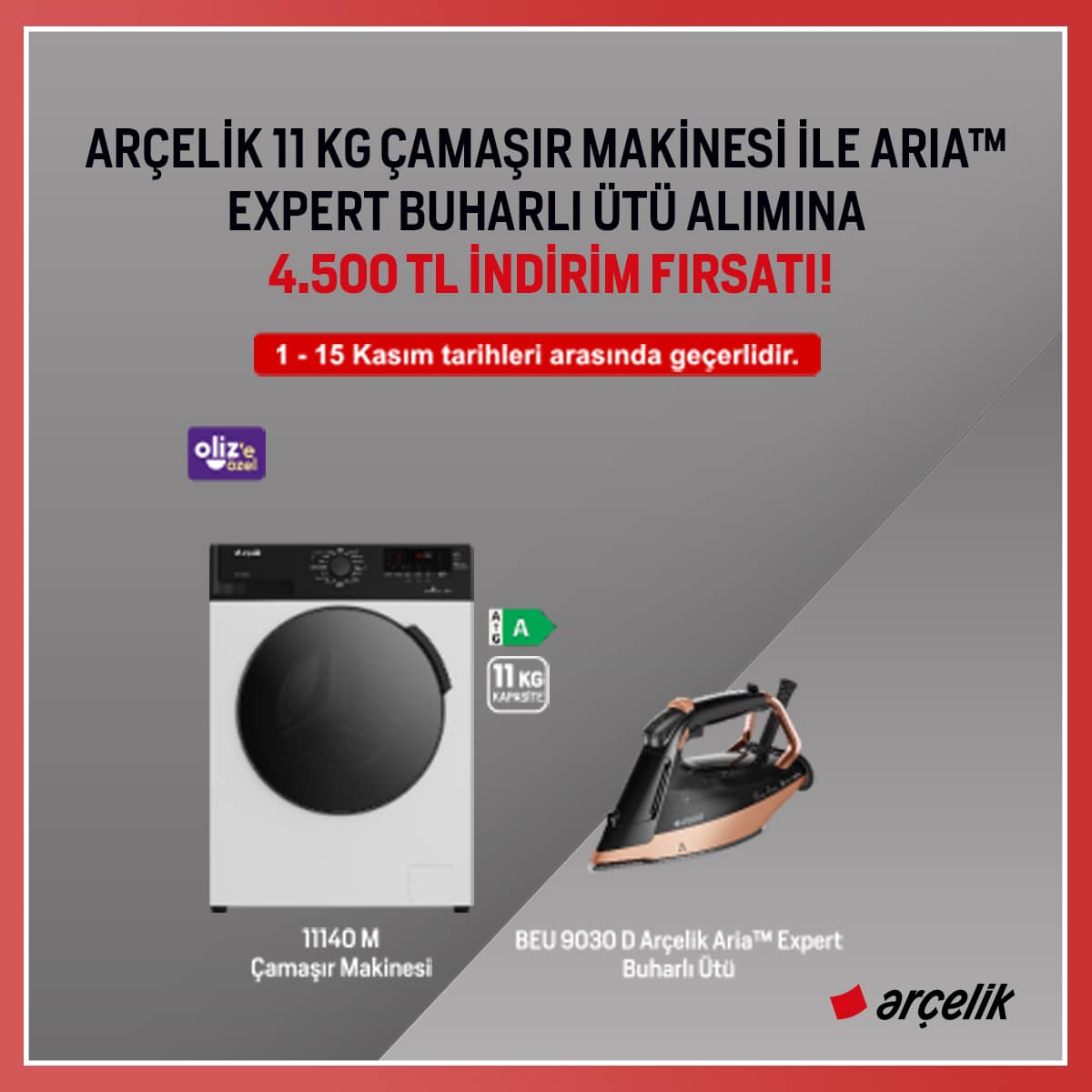 Arçelik 11 KG Çamaşır Makinesi ile Aria Expert Buharlı Ütü Alımına 4.500 TL İndirim Fırsatı!