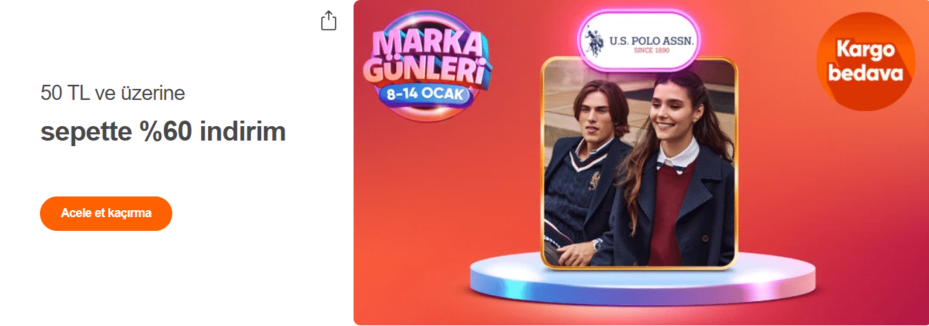 U.S. Polo Assn. 50TL ve Üzerine Sepette %60 İndirim