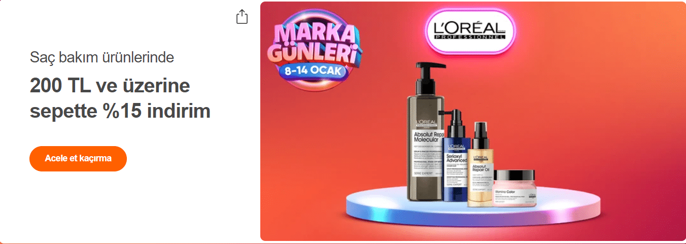 Hepsi Burada'nın devam eden Marka Günleri kapsamında L'oreal Professionnel saç bakım ürünlerinde büyük indirimler var! Serie Expert Absolut Repair 10 in 1, Silver Şampuan, ve Metal Karşıtı Arındırıcı Saç Bakım Seti gibi favori ürünlerde sepette %15 ekstra indirim fırsatını kaçırmayın